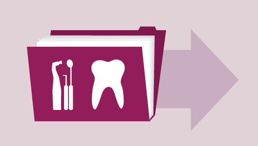 Illustration: File folder, with dental tools and tooth on the outside of the folder. Large arrow flowing out of folder. 